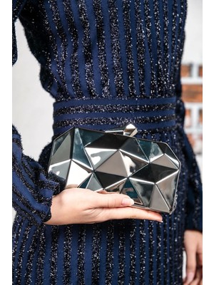 Glemix Aurelia Gümüş Zincir Askılı Clutch Abiye Portföy Çanta