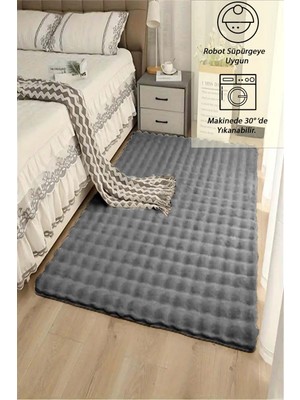 Raschel Carpet Koyu Gri Yıkanabilir Yumuşak Bubble Kaymaz Özel Taban Peluş Halı Yolluk