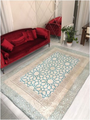 Eyprich Mavi Çini Model Ipek Kadife Lastikli Halı Örtüsü 4m2-160x230