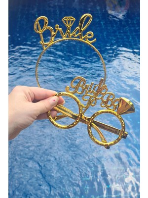 Pekshop Bride Taç ve Gözlük Seti Bride To Be Taç Gözlük Plastik Set Gold