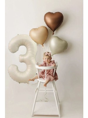Atölye Mi 3 Yaş Doğum Günü Retro Pastel Parti Balon Seti 3 Adet Retro Kalp Balon 3 Rakam Krem Folyo Balon