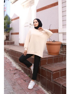 Iki Iplik Penye Kumaş Oversize Sweatshirt Ekru