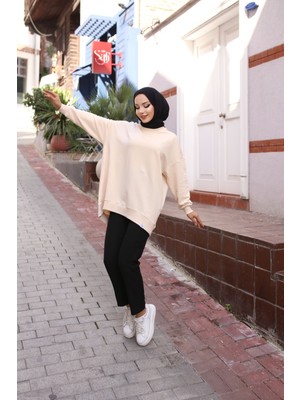 Iki Iplik Penye Kumaş Oversize Sweatshirt Ekru