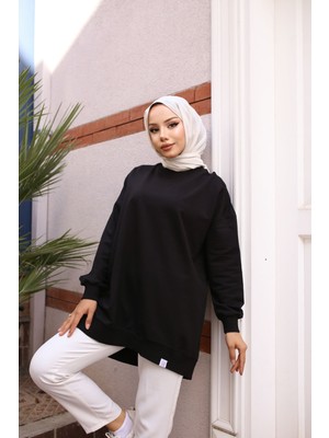 Iki Iplik Penye Kumaş Oversize Sweatshirt Siyah