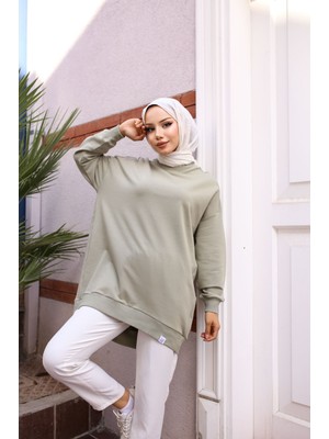 Iki Iplik Penye Kumaş Oversize Sweatshirt Haki