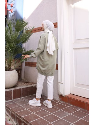 Iki Iplik Penye Kumaş Oversize Sweatshirt Haki