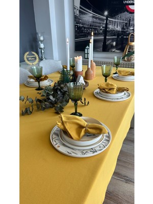 Decamor Home Pamuk Keten Leke Tutmaz Kumaş Hardal Sarı Masa Örtüsü