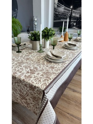 Decamor Home Leke Tutmaz Çiçek Desenli Kenar Bordürlü Kahverengi Masa Örtüsü