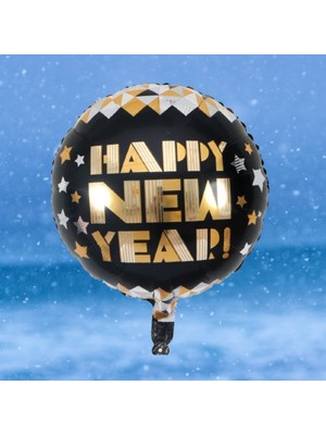 Bakbinevar Happy New Year 18 Inç 45 cm Yuvarlak Siyah Gold Folyo Balon