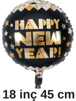 Bakbinevar Happy New Year 18 Inç 45 cm Yuvarlak Siyah Gold Folyo Balon