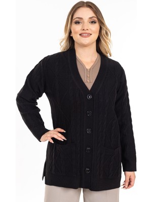 Kadın Orta Yaş ve Üzeri Yumuşak Doku V Yaka Düğmeli Anne Triko Hırka 2426-SIYAH