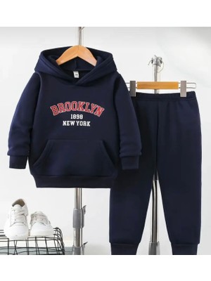 Kids Face Özel Tasarım Kapüşonlu Brooklyn Baskılı Şardonlu Kışlık Erkek Çocuk Eşofman Takımı