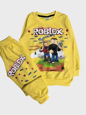 Erkek Çocuk Pamuklu Sarı Roblox Desenli Uzun Kollu Eşofman Takımı