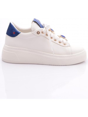 DGN Kadın Bağcıkları Süslemeli Spor Ayakkabı 36 Numara Beyaz - Lacivert Renkli Taban