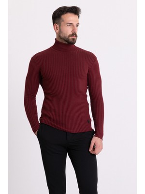MCR Çizgili Bordo Slim Fit Tam Balıkçı Yaka Erkek Triko Kazak