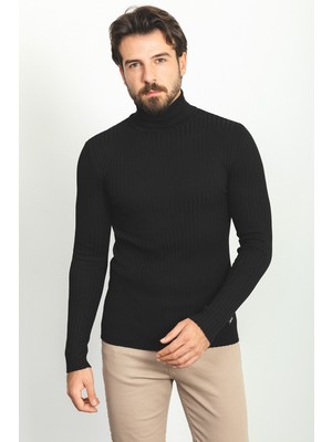 MCR Çizgili Siyah Renk Slim Fit Tam Balıkçı Yaka Erkek Kazak