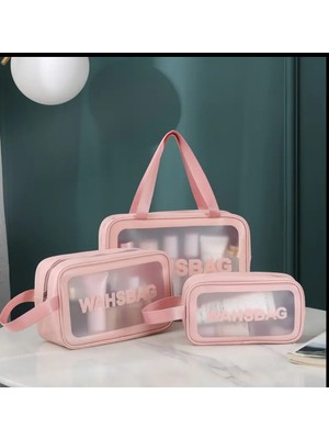 MINIISTOREE23 Seyahat Makyaj Çantası Washbag Taşınabilir Su Geçirmez 3'lü Çanta Seti Pembe