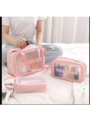 MINIISTOREE23 Seyahat Makyaj Çantası Washbag Taşınabilir Su Geçirmez 3'lü Çanta Seti Pembe