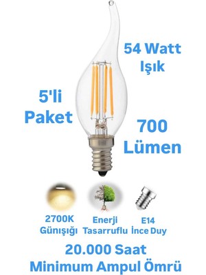 Repplam 6 Watt Günışığı E14 Duylu Rustik Ampul Kıvrık 700 Lümen Avize Ampulü Ince Duylu Mum Ampul