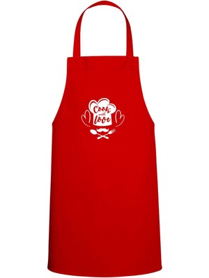 Cook With Love Yazılı Özel Baskı Chef Mutfak Önlüğü Kırmızı