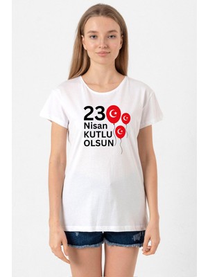 23 Nisan Balon Beyaz Kadın Bisikletyaka Tshirt