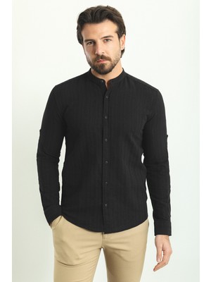 MCR Çizgi Desenli Siyah Renk Slim Fit Hakim Yaka Uzun Kollu Erkek Gömlek