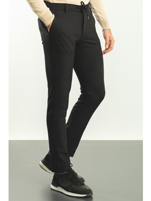 MCR Düz Siyah Renk Super Slim Fit Beli Lastikli Ipli Erkek Pantolon