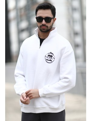 John Borners Erkek Ekru Yarım Fermuarlı Ön Arka John Borners Baskılı Sweatshirt - 10015