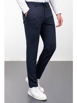 MCR Çizgili Lacivert Renk Super Slim Fit Beli Lastikli Ipli Erkek Pantolon