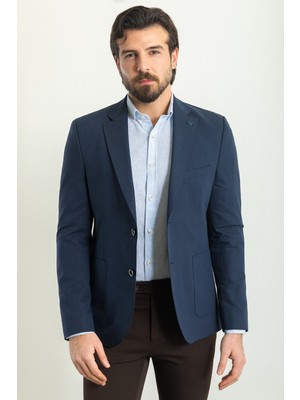 MCR Desenli Lacivert Renk Slim Fit Torba Cep Mono Yaka Keten Erkek Ceket