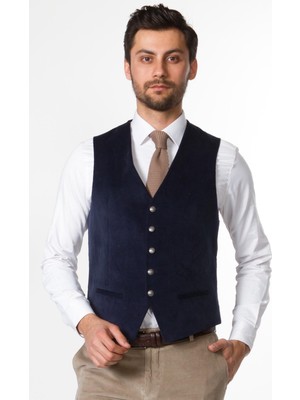 MCR Düz Lacivert Renk Slim Fit Metal Düğmeli Klasik Kadife Erkek Yelek