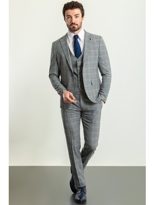 MCR Mono Yaka Takım Elbise Gri Slim Fit Erkek Model 46 Beden Şık Tasarım