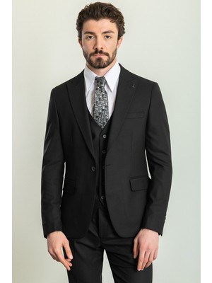 Desenli Siyah Renk Slim Fit Mono Yaka Yün Erkek Takım Elbise