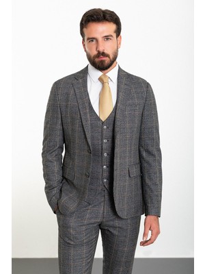 MCR Mono Yaka Takım Elbise Slim Fit Erkek Ekose Desenli Şık Model