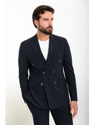 Çizgili Lacivert Slim Fit Geniş Yaka Kruvaze Erkek Takım Elbise