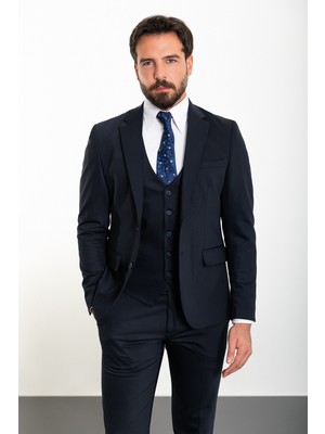 MCR Düz Lacivert Slim Fit Mono Yaka Klasik Erkek Takım Elbise