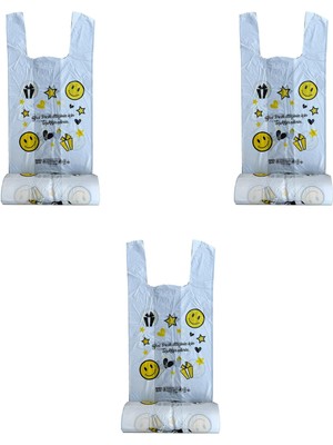 Arma Gülen Yüz Baskılı Rulo Şeffaf Market Poşet Torba - Atlet Poşet -Orta Boy - 150 Adetlik 3 Rulo