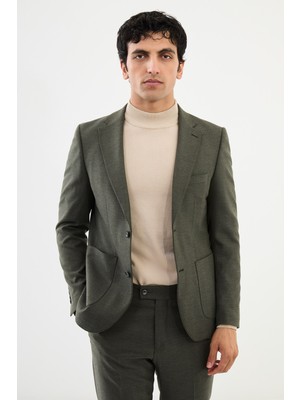 MCR Desenli Haki Slim Fit Torba Cep Mono Yaka Erkek Takım Elbise