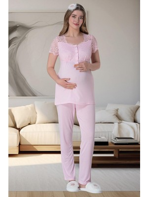 Mecit 6063 Pembe Çizgili Uzun Sabahlıklı Gecelik Pijama Lohusa Set