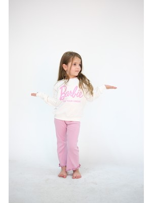 Pour La Riviere Kız Çocuk 2-6 Yaş Doğal Pamuklu Barbie Baskılı Bisiklet Yaka Uzun Kol Sweat Takım