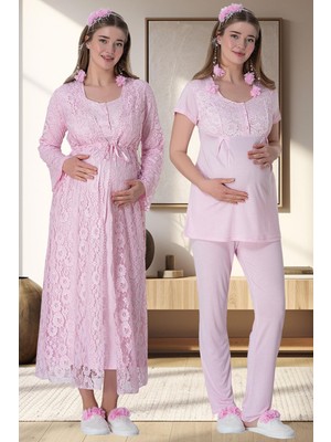 Mecit 6060 Pembe Dantel Sabahlıklı Gecelik Pijama Lohusa Set