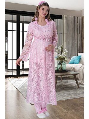 Mecit 6060 Pembe Dantel Sabahlıklı Gecelik Pijama Lohusa Set