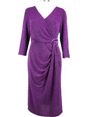 Likralı Simli Kruvaze Yaka Kadın Midi Abiye