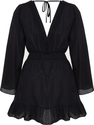 Frm Yeni Rahat Plaj Günlük Vual Dokuma Kruvaze Uzun Kol Skater Mini Boy Büyük Beden Elbise