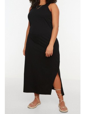 Frm Yeni Slim Casual Günlük Süprem Örme Bisiklet Yaka Kolsuz Kol Shift Midi Boy Büyük Beden Elbise