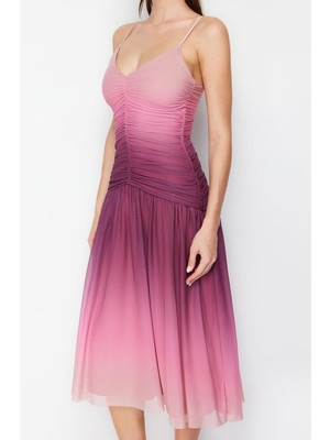 Yeni Fit Mezuniyet Balo Tül Örme V Yaka Askılı Kol Skater Midi Boy Elbise