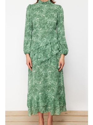 Frm Yeni Regular Abiye Gece Şifon Dokuma Bisiklet Yaka Uzun Kol Eteği Fırfırlı Maxi Boy Tesettür Elbise