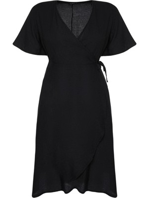 Frm Yeni Rahat Casual Günlük Shally Dokuma Kruvaze Kısa Kol Anvelop Midi Boy Büyük Beden Elbise