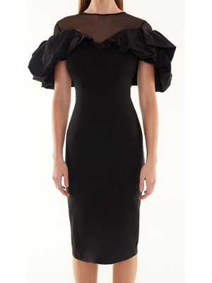 Frm Yeni Fit Mezuniyet Balo Finike Dokuma Carmen Yaka Kısa Kol Bodycone Midi Boy Elbise