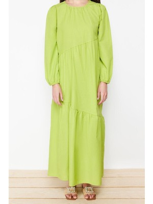 FRM Yeni Regular Casual Günlük Terrycotton Dokuma Bisiklet Yaka Uzun Kol A-Line Maxi Boy Tesettür Elbise